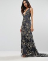 A Star Is Born Plunge Neck Maxi Dress With Contrast Embellishment in charcoal/gold