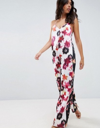 ASOS Satin Jumpsuit in Mixed Blurred Floral Print ~ going out jumpsuits ~ cami strap fashion ~ strappy ~ thin straps ~ evening wear ~ party style ~ wide leg - flipped