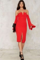 Bardot Heat Wave Off-the-Shoulder Midi Dress ~ glamorous red dresses ~ going out fashion