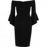 river island black bell sleeve bardot bodycon midi dress – off the shoulder party dresses – lbd – evening glamour – going out fashion