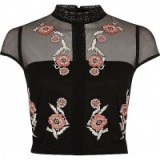 river island Black floral embroidered cap sleeve crop top. High neck tops | cropped fashion