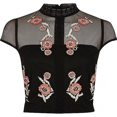 river island Black floral embroidered cap sleeve crop top. High neck tops | cropped fashion - flipped