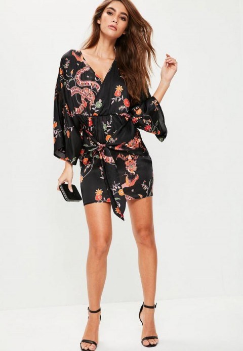 MISSGUIDED black silky printed kimono shift dress ~ going out fashion ~ party dresses ~ evening glamour ~ oriental style - flipped