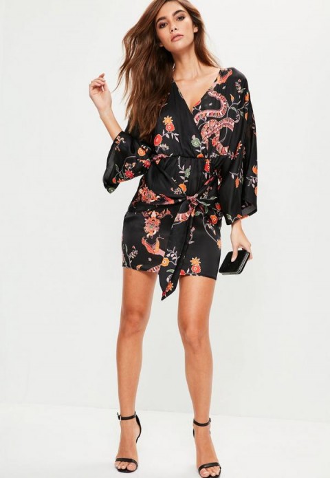 MISSGUIDED black silky printed kimono shift dress ~ going out fashion ~ party dresses ~ evening glamour ~ oriental style