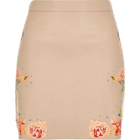 River Island blush pink faux leather floral mini skirt – flower printed skirts - flipped