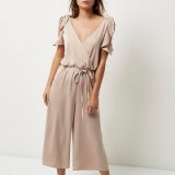 River Island blush pink frill trim culotte jumpsuit – cropped wide leg jumpsuits – wrap style – spring fashion