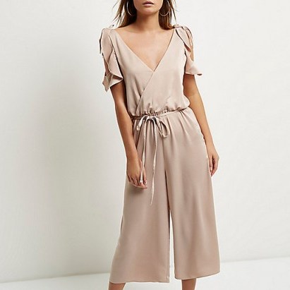River Island blush pink frill trim culotte jumpsuit – cropped wide leg jumpsuits – wrap style – spring fashion - flipped