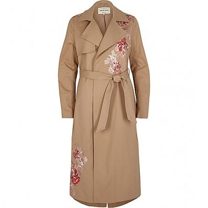 river island brown floral embroidered trench coat – classic style coats - flipped