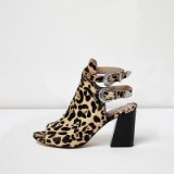 river island brown leopard print pony look shoe boots – animal prints – chunky heeled booties – block heel shoes – three strap high heels