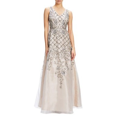 Adrianna Papell Sleeveless Organza Beaded Evening Gown, Ivory/Nude – embellished gowns – red carpet style dresses – special event wear – v-neck – sequin embellished – sequins & beadwork - flipped