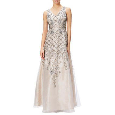 Adrianna Papell Sleeveless Organza Beaded Evening Gown, Ivory/Nude – embellished gowns – red carpet style dresses – special event wear – v-neck – sequin embellished – sequins & beadwork
