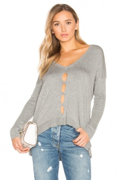CENTRAL PARK WEST ~ PALM SPRINGS V NECK SWEATER in heather grey. Cut out sweaters | luxe style knitwear | fine jumpers | casual chic fashion | low V neck - flipped