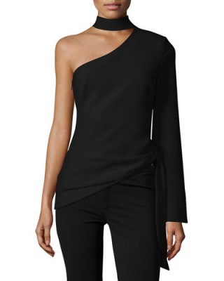 cinq a sept Briah One-Shoulder Tie-Side Top in black. Chic style tops | designer fashion | clothing with style | make a statement - flipped