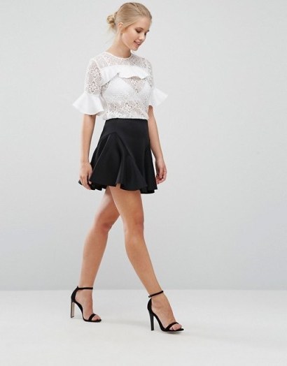 Closet White Lace Blouse with Satin Ruffle Detail ~ ruffled blouses ~ feminine style tops ~ sheer lace fabric - flipped