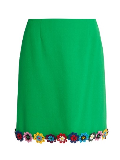 MARY KATRANTZOU Clovis guipure-lace wool-crepe mini skirt ~ floral applique hem line ~ designer skirts ~ apple-green