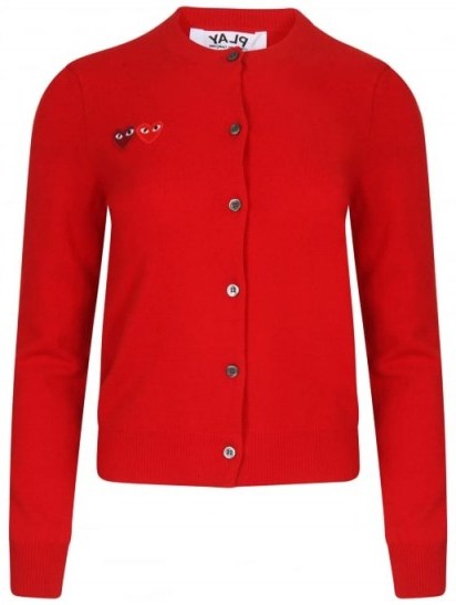 COMME DES GARCONS PLAY Women’s Twin Heart Logo Cardigan in Red ~ cardigans with hearts ~ designer knitwear - flipped