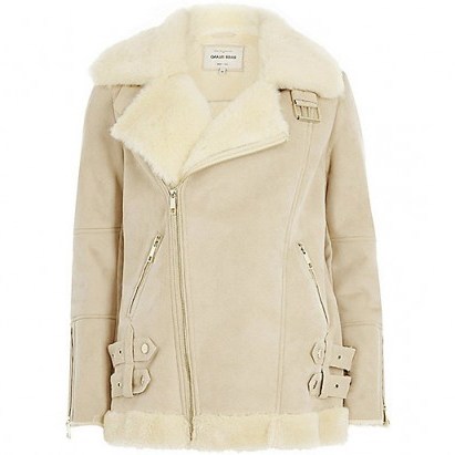 Cream faux suede aviator jacket – luxe style jackets – faux fur – asymmetric zip front - flipped