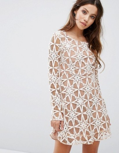 For Love and Lemons Party Dress in Lace latte – luxe long sleeved evening dresses – going out fashion - flipped