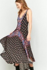 Free People Faithfully Yours Black Midi Slip Dress. floral print fashion | boho style | high low hem | festival dresses