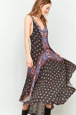 Free People Faithfully Yours Black Midi Slip Dress. floral print fashion | boho style | high low hem | festival dresses - flipped