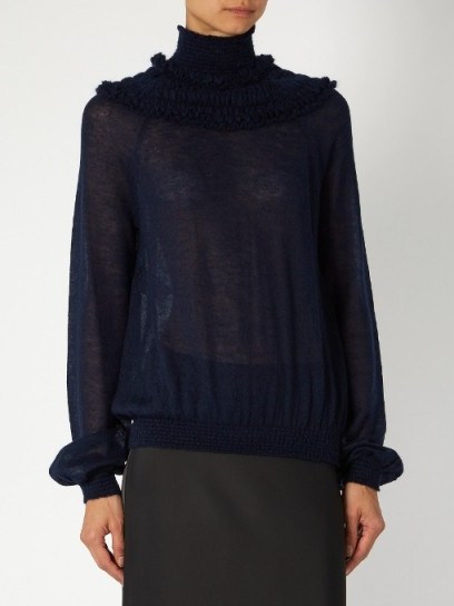 CHLOÉ Gathered semi-sheer navy sweater ~ fine knitwear ~ high neck sweaters ~ designer jumpers - flipped