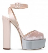 GIUSEPPE ZANOTTI Betty platform leather and velvet sandals – nude metallic high heels – chunky heel platforms – evening platform shoes