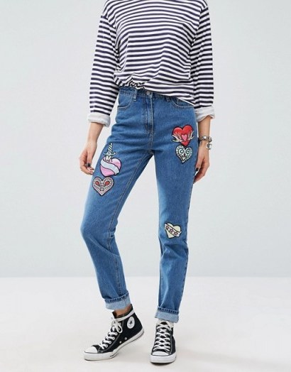 Glamorous Mom Jeans With Embroidered Heart Patches ~ hearts on blue denim jeans ~ casual fashion ~ my weekend style - flipped