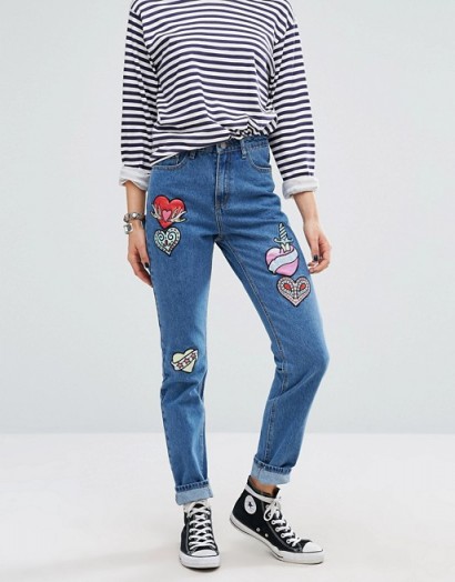 Glamorous Mom Jeans With Embroidered Heart Patches ~ hearts on blue denim jeans ~ casual fashion ~ my weekend style