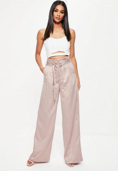 missguided gold paperbag waist satin wide leg trousers. Paper bag waisted pants | slinky silky style fashion | luxe look - flipped