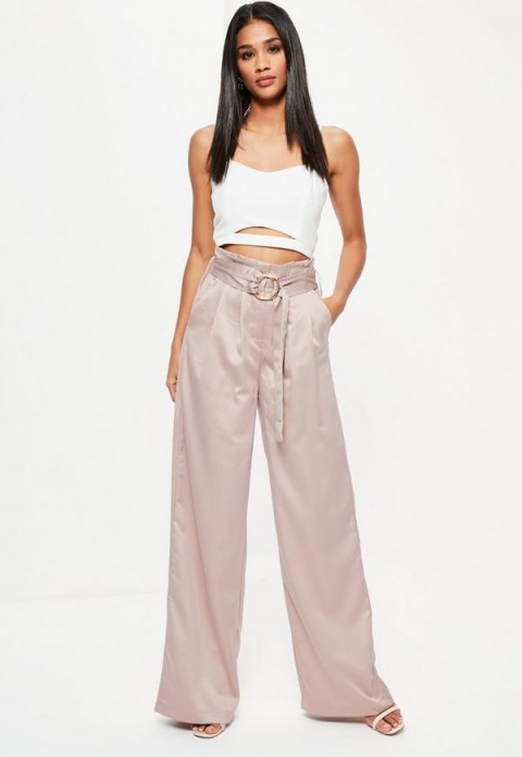 missguided gold paperbag waist satin wide leg trousers. Paper bag waisted pants | slinky silky style fashion | luxe look