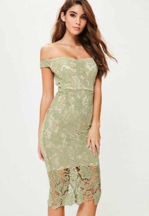 MISSGUIDED green lace bardot midi dress ~ off the shoulder party dresses ~ going out glamour ~ evening fashion ~ fitted style ~ feminine - flipped