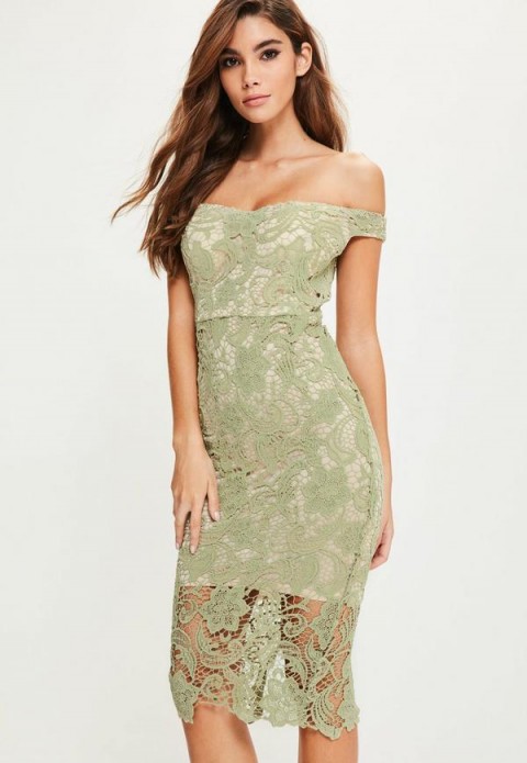 MISSGUIDED green lace bardot midi dress ~ off the shoulder party dresses ~ going out glamour ~ evening fashion ~ fitted style ~ feminine