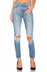 GRLFRND ~ KAROLINA HIGH-RISE SKINNY JEAN in I put a spell on you. Blue denim jeans | ripped | destroyed | distressed fashion