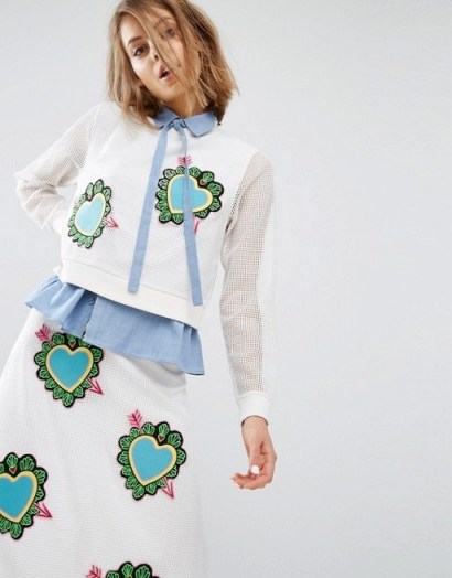 House Of Holland Heart Mesh Long Sleeve Top in white ~ tops with embroidered hearts ~ heart patches on fashion - flipped
