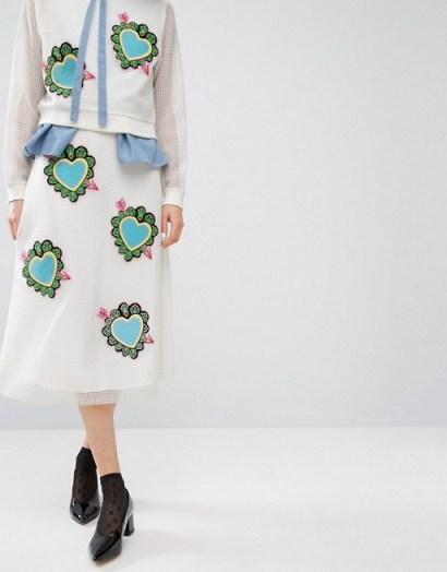 House Of Holland Heart Mesh Midi Skirt ~ skirts with hearts ~ embroidered patches on fashion - flipped