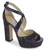 JIMMY CHOO April 120 glitter heeled sandals – petrol blue high heels – glittering platforms – chunky heels – strappy platform shoes