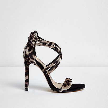 river island leopard print caged strap sandals – glamorous animal prints – velvet high heels – strappy evening shoes - flipped