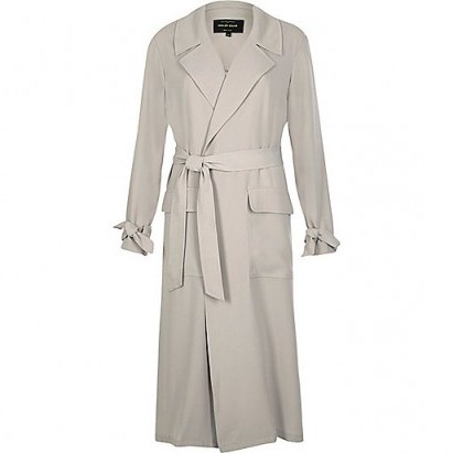River Island light grey tie waist duster coat – lightweight coats – belted – winter into spring fashion - flipped