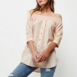 River Island light pink chambray bardot button front top – off the shoulder tops