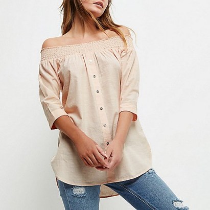 River Island light pink chambray bardot button front top – off the shoulder tops - flipped