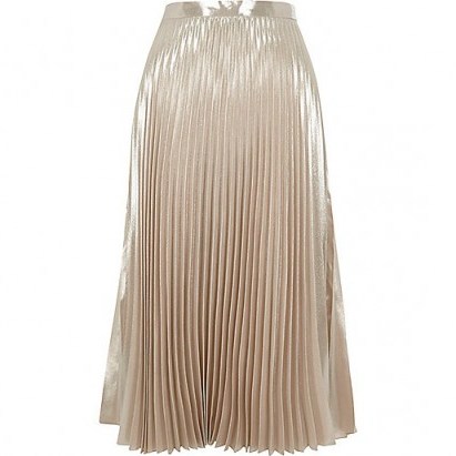 River Island light pink metallic shine midi skirt – pleated skirts – shiny pleats – feminine fashion - flipped