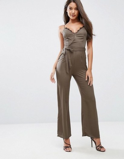 Michelle Keegan Loves Lipsy Satin Jumpsuit With Lace – green jumpsuits – evening fashion - flipped
