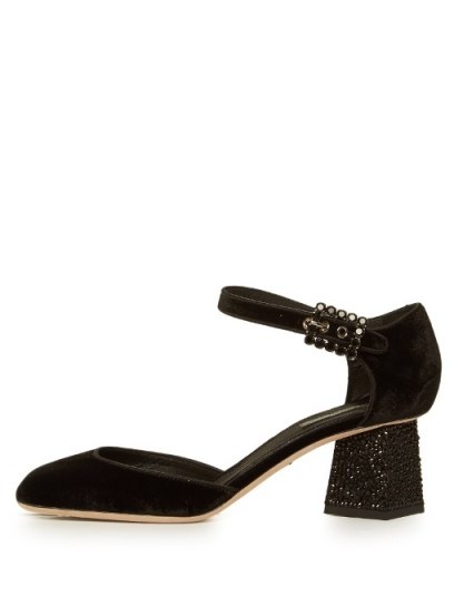 DOLCE & GABBANA Mary-Jane black velvet pumps ~ crystal embellished block heels ~ mid heel shoes ~ luxe Mary Janes ~ designer evening footwear - flipped
