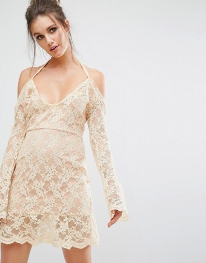 Missguided Cold Shoulder Lace Overlay Dress nude – long sleeved party dresses – feminine vintage style – scalloped hem – semi sheer – evening luxe – going out fashion – halterneck – plunge front halter neckline