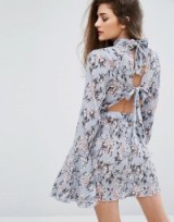 Missguided Floral Plisse Frill Sleeve Dress With Open Back powder blue – flower printed long sleeved dresses – high neck party fashion – wide fluted sleeves – tie detail