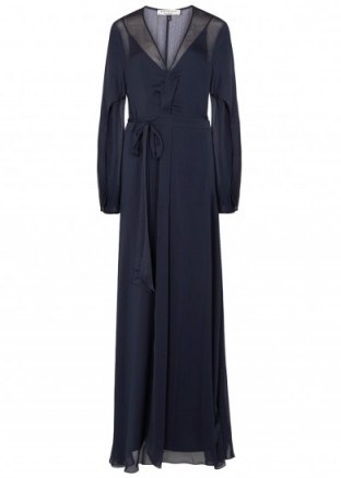 HALSTON HERITAGE Navy chiffon wrap gown ~ elegant occasion gowns ~ elegance ~ chic occasion wear ~ long event dresses - flipped