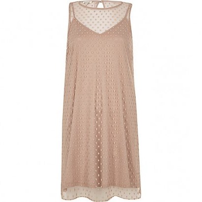 River Island nude dobby mesh sleeveless dress – pale pink dresses – slip style underlay – cami – semi sheer fashion - flipped