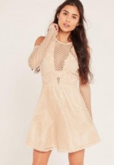 MISSGUIDED nude lace cold shoulder embroidered skater dress ~ pale pink party dresses ~ fishnet overlay ~ semi sheer fashion ~ fit & flare style