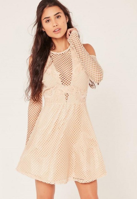 MISSGUIDED nude lace cold shoulder embroidered skater dress ~ pale pink party dresses ~ fishnet overlay ~ semi sheer fashion ~ fit & flare style - flipped