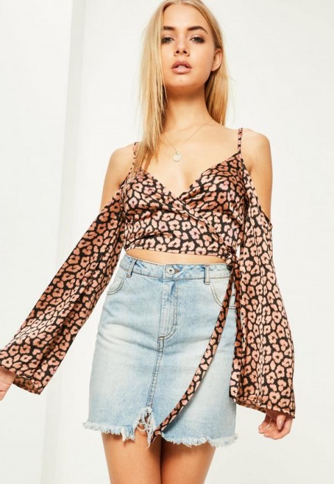 missguided nude leopard print wrap over cold shoulder blouse. Animal prints | cropped blouses | silky style tops